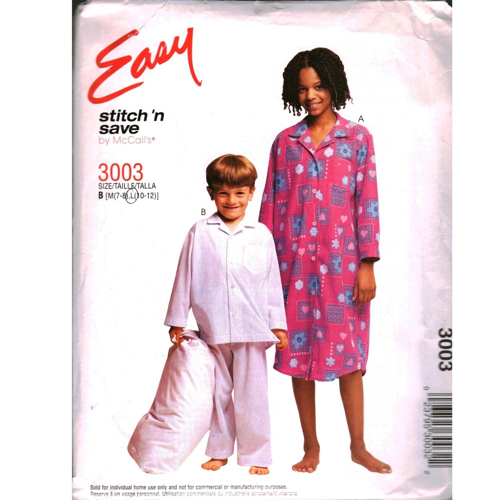 McCalls 3003 Kids Pajamas Nightshirt Sewing Pattern Size M-L 7-12 Stitch n Save